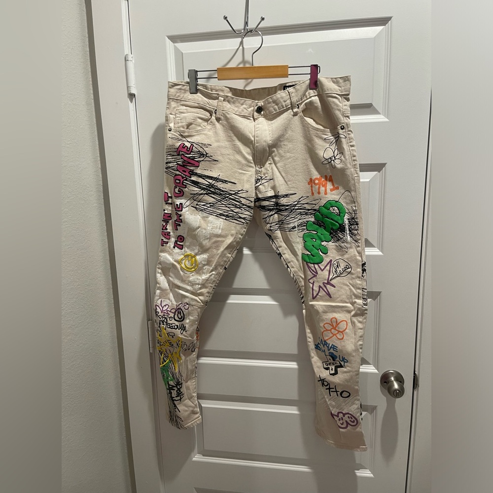 Smoke Rise Men’s Graphic graffiti tapered leg Jeans Streetwear Paint 40 x 32